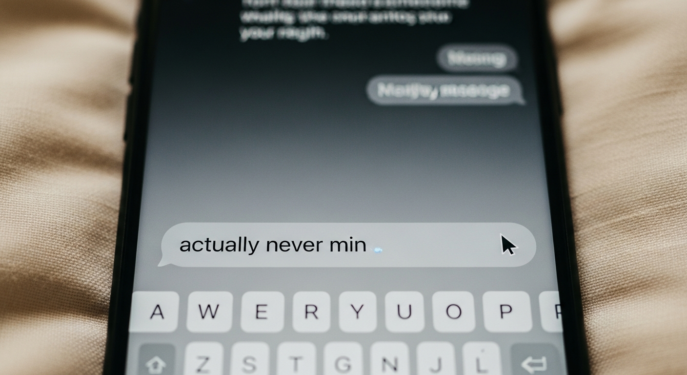 A phone mid-draft, a reply being typed and deleted in the iMessage compose field
