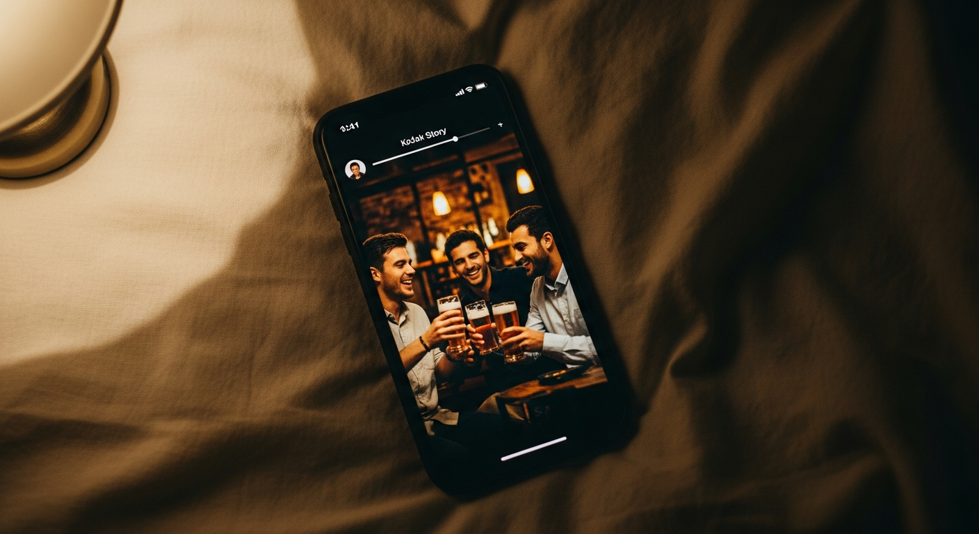 An Instagram story on a phone screen showing him out with friends at a bar, lying on rumpled bedsheets