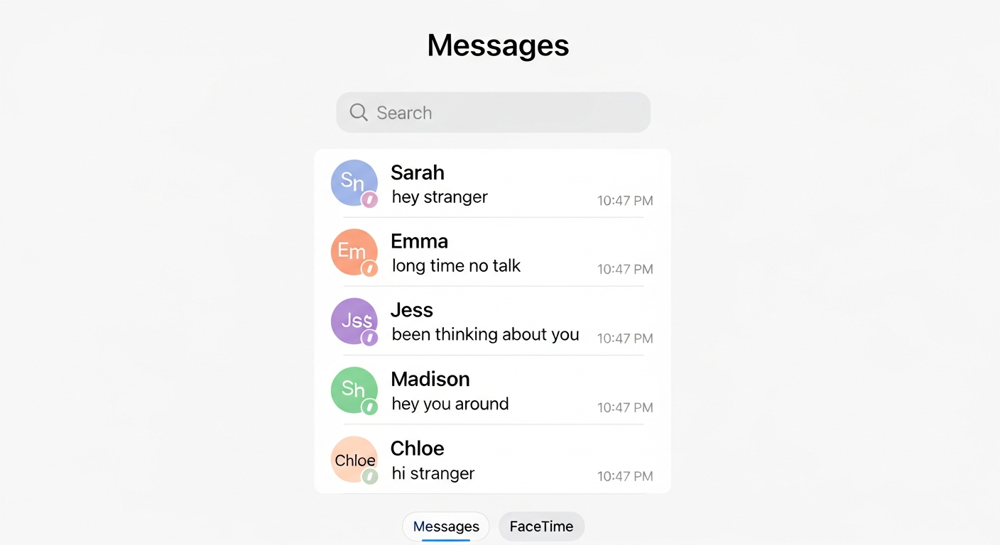 An iMessage conversation list showing multiple contacts all with the same 10:47 PM timestamp, suggesting a single message sent to many