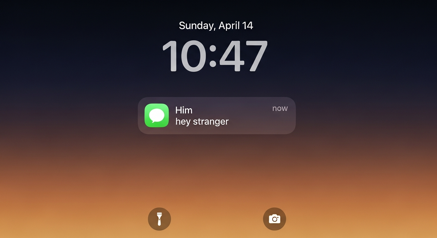 A smartphone face-up in the dark, late at night, showing a single 'hey stranger' notification on the lock screen