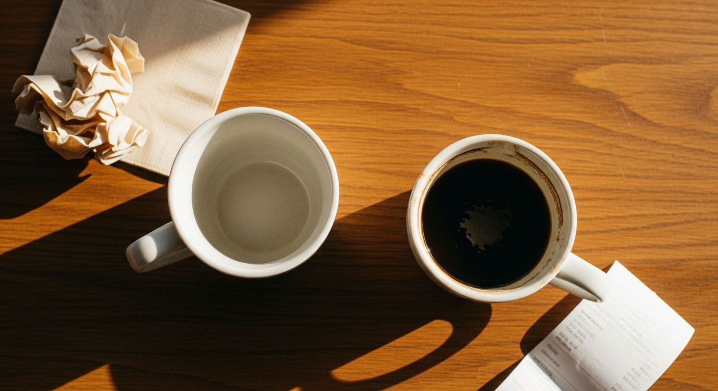 Two coffee mugs on a wooden table — one finished and empty, the other still half-full of cold coffee, morning light and shadow