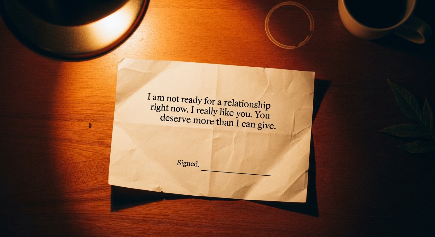 A worn handwritten note on a wooden desk reading 'I am not ready for a relationship right now. I really like you. You deserve more than I can give.' with an empty signature line